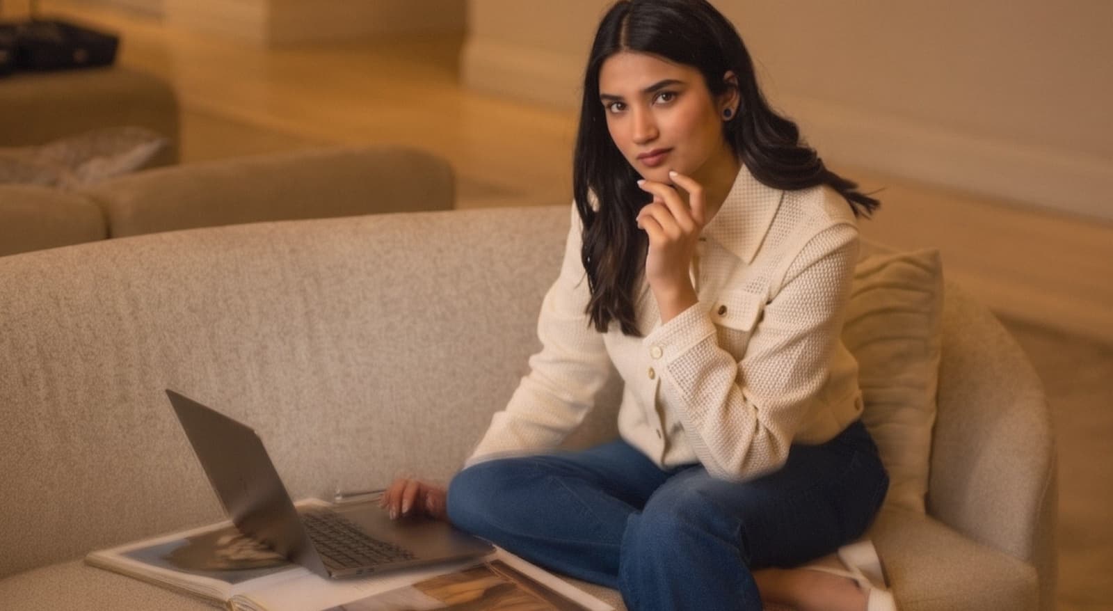 Zeel Jain working on a laptop while sitting on a couch