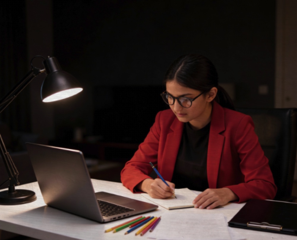 Zeel Jain working at a desk in an office